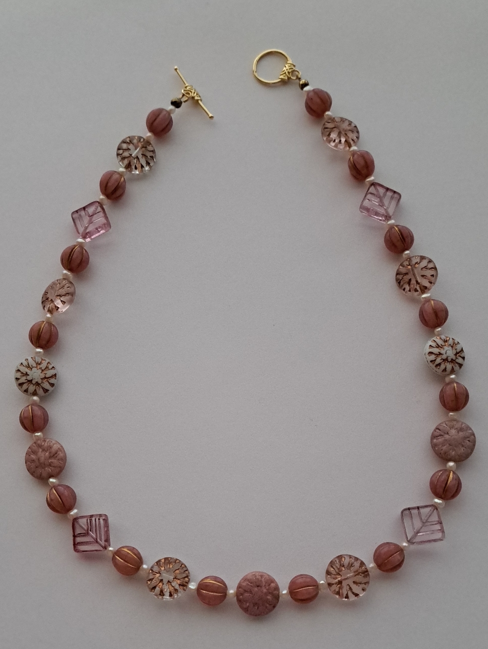 Handcrafted Pink Glass Bead Necklace - Gold Toggle